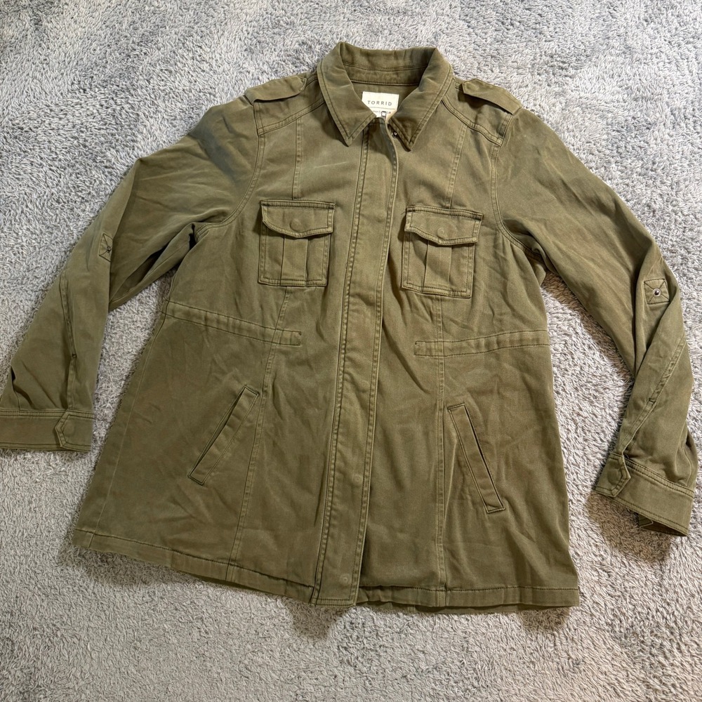 Torrid Utility Jacket Size 00 Olive Green Military Cotton Blend Roll Tab Sleeve